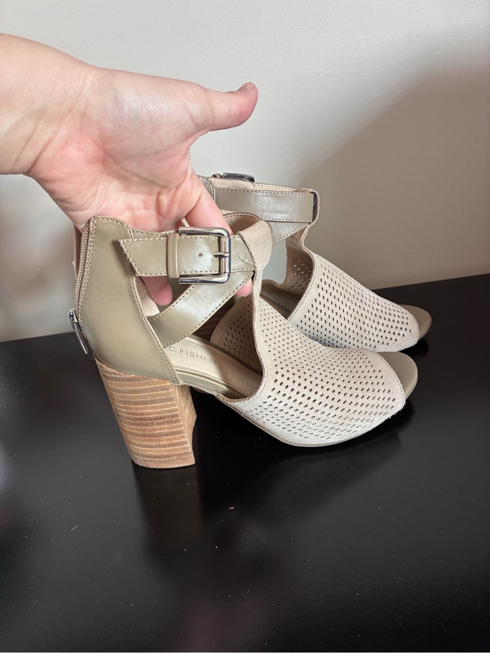 Marc Fisher Beige Taupe Perforated Block Heel Sandals